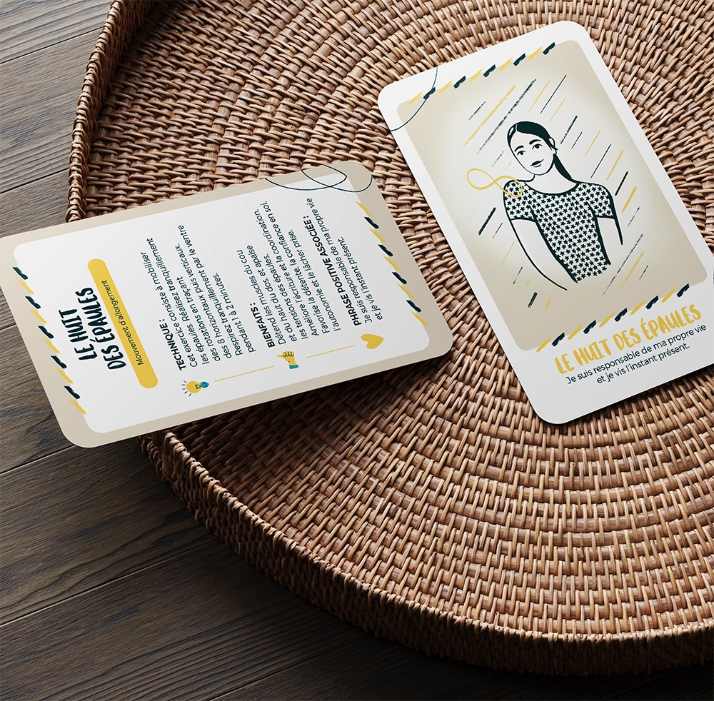 Exercices de Brain Gym illustrés sur des cartes de gymnastique du cerveau